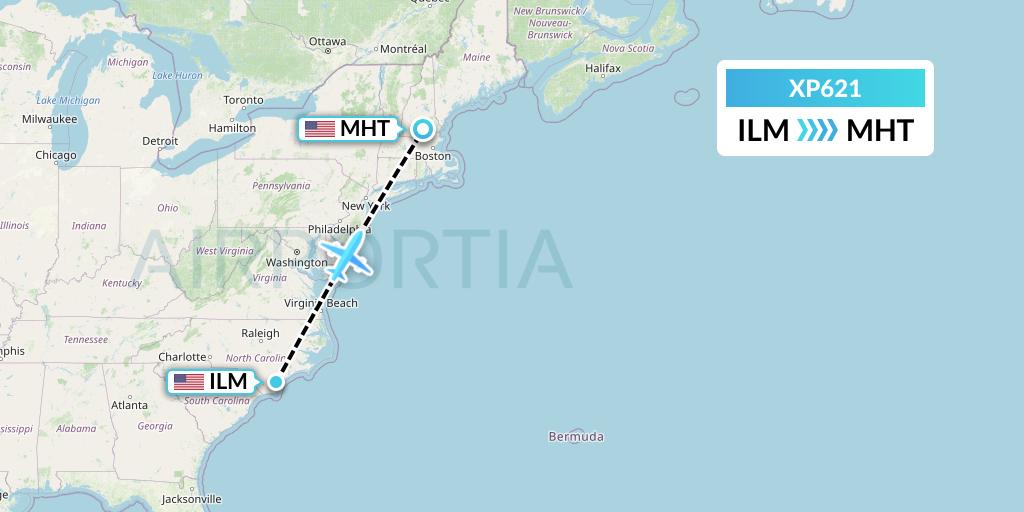 XP621 Avelo Airlines Flight Map: Wilmington to Manchester