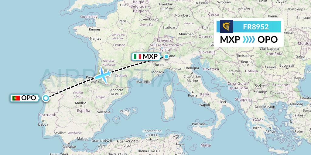 FR8952 Ryanair Flight Map: Milan to Porto