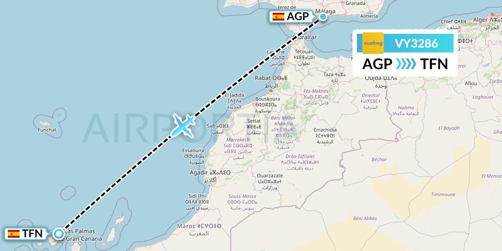 VY3286 Vueling Flight Map: Malaga to Tenerife