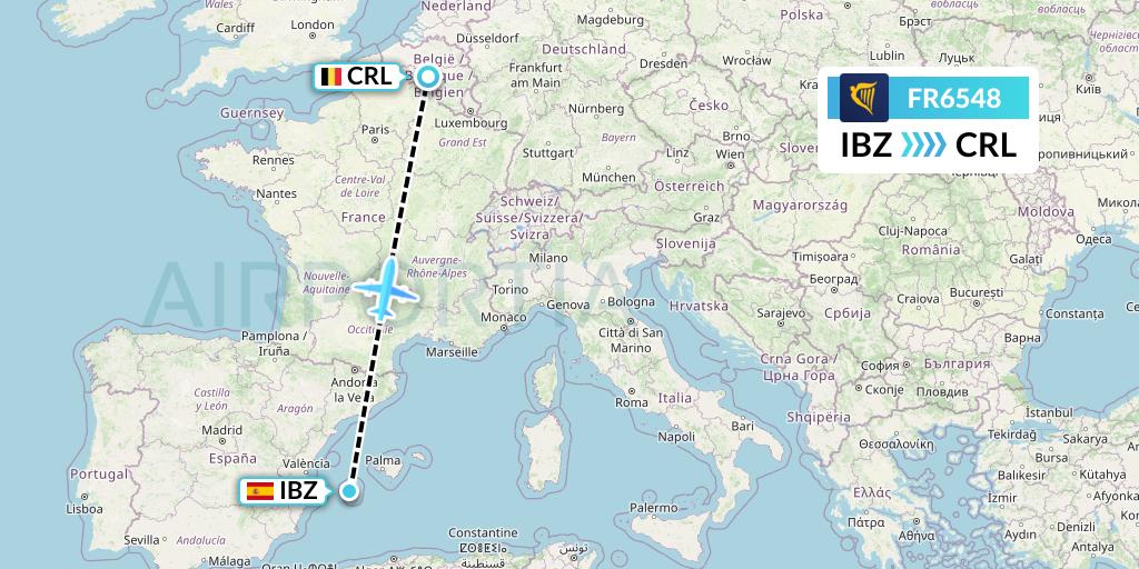 FR6548 Ryanair Flight Map: Ibiza to Brussels