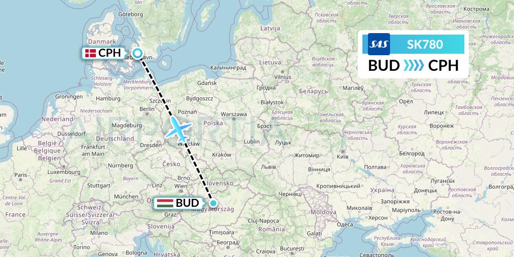 SK780 SAS Flight Map: Budapest to Copenhagen
