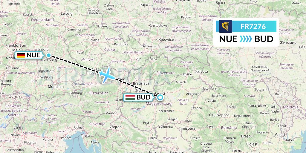 FR7276 Ryanair Flight Map: Nurnberg to Budapest