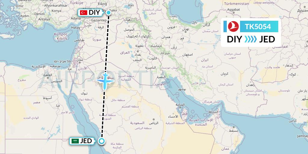 TK5054 Turkish Airlines Flight Map: Diyarbakir to Jeddah