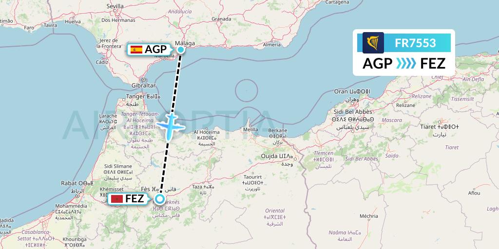FR7553 Ryanair Flight Map: Malaga to Fes