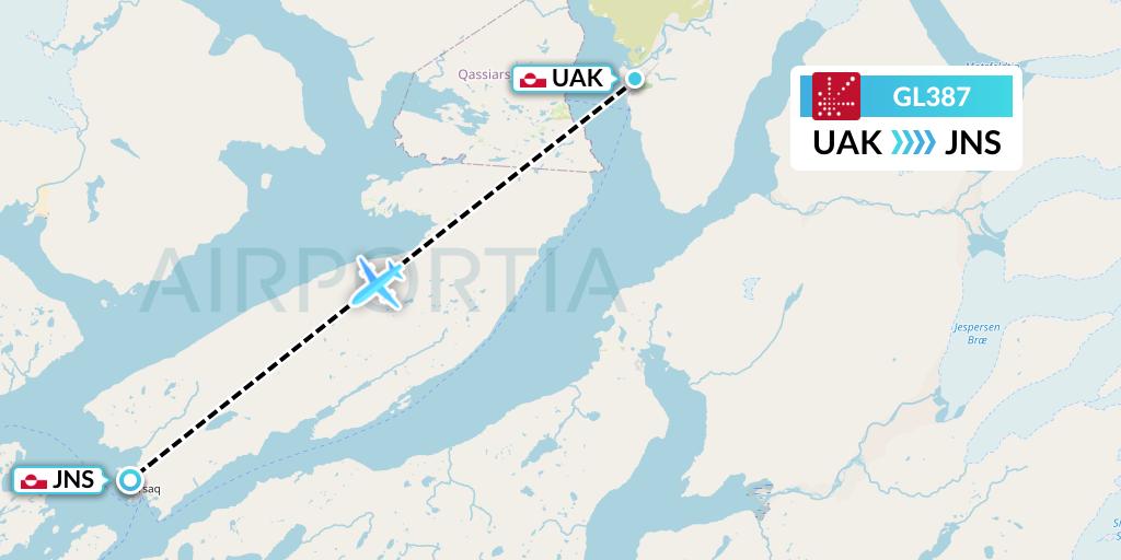 GL387 Air Greenland Flight Map: Narsarsuaq to Narsaq