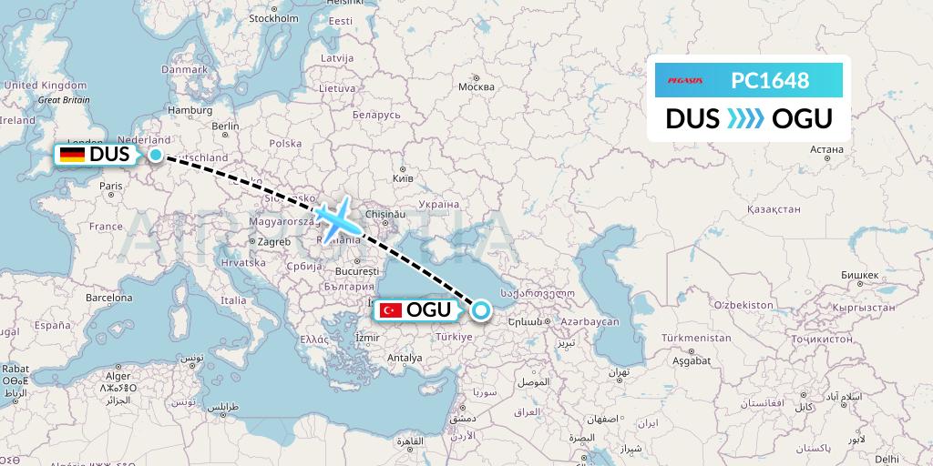 PC1648 Pegasus Airlines Flight Map: Dusseldorf to Ordu