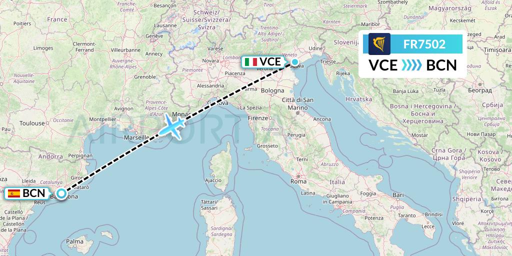 FR7502 Ryanair Flight Map: Venice to Barcelona