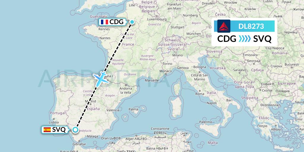 DL8273 Delta Air Lines Flight Map: Paris to Seville