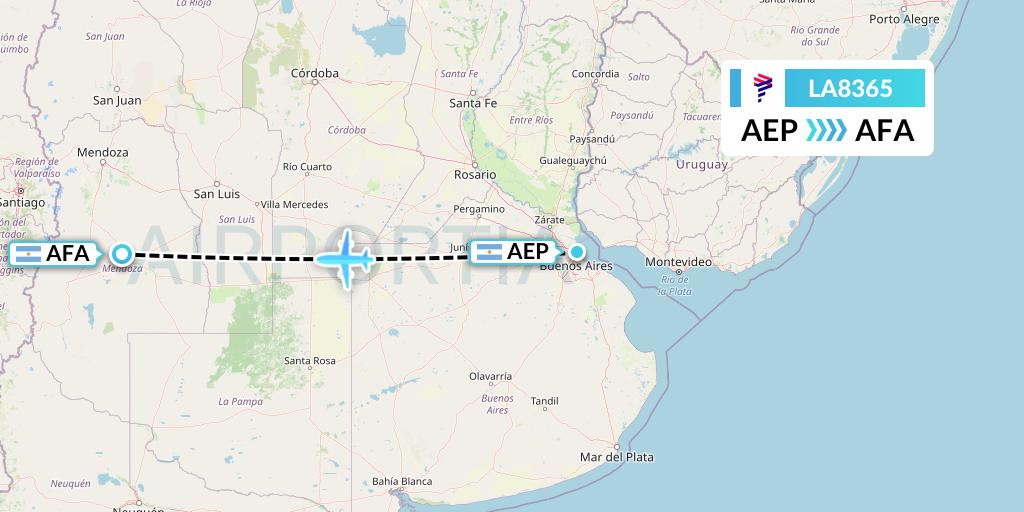 LA8365 LAN Airlines Flight Map: Buenos Aires to San Rafael