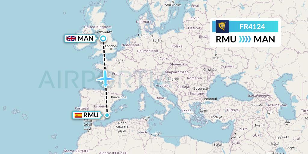 FR4124 Ryanair Flight Map: Murcia to Manchester