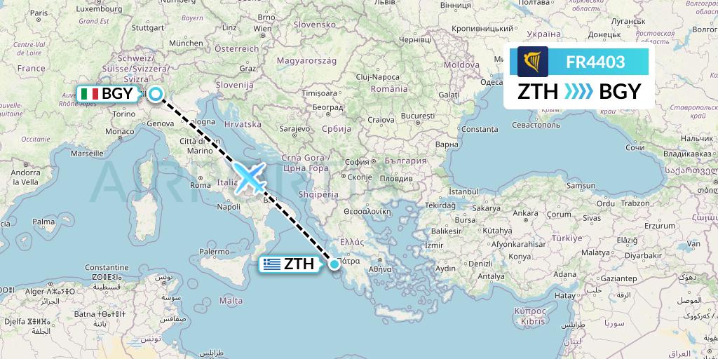 FR4403 Ryanair Flight Map: Zakynthos to Milan