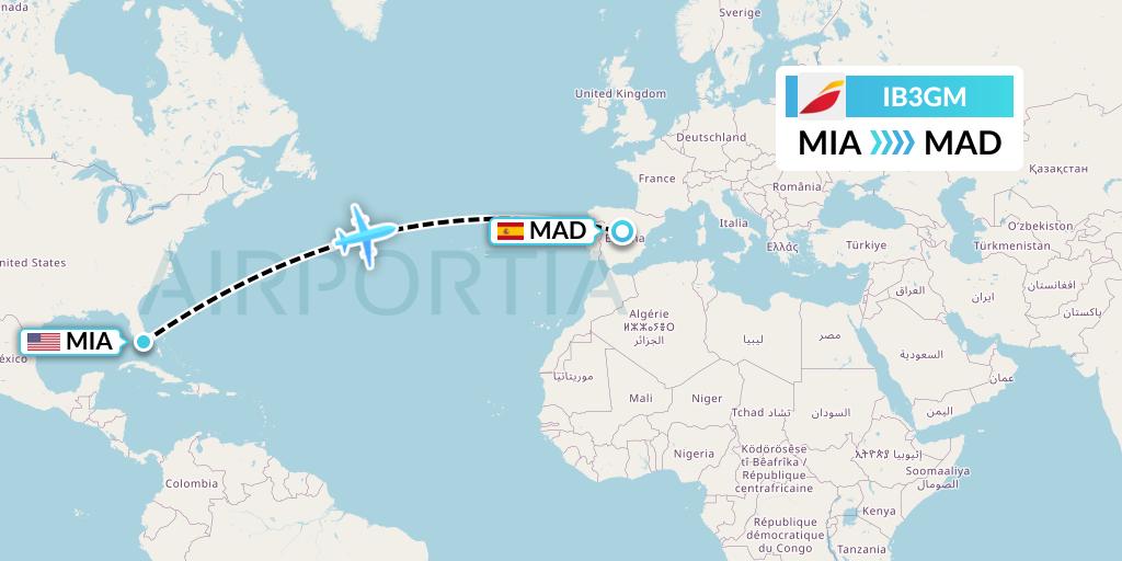 IB3GM Iberia Flight Map: Miami to Madrid