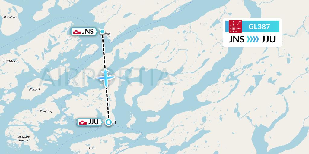 GL387 Air Greenland Flight Map: Narsaq to Qaqortoq