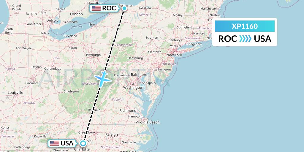 XP1160 Avelo Airlines Flight Map: Rochester to Concord