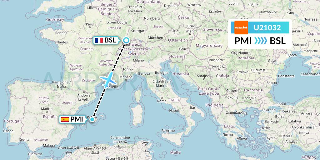 U21032 EasyJet Flight Map: Palma de Mallorca to Basel