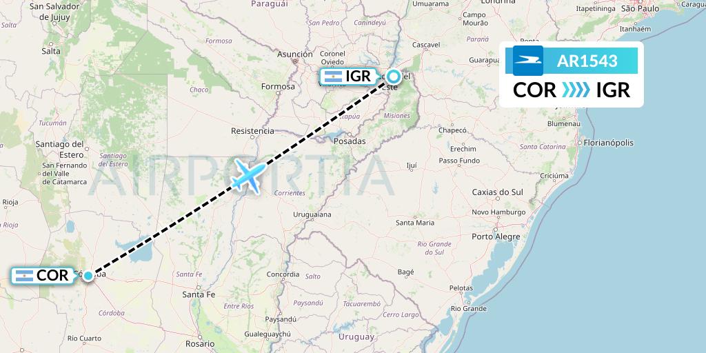 AR1543 Aerolineas Argentinas Flight Map: Cordoba to Puerto Iguazu