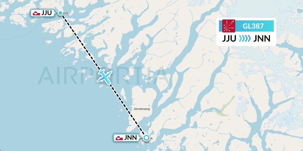 GL387 Air Greenland Flight Map: Qaqortoq to Nanortalik