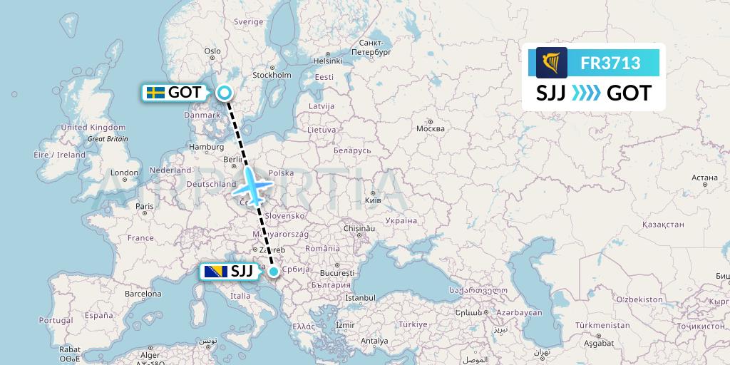 FR3713 Ryanair Flight Map: Sarajevo to Gothenburg