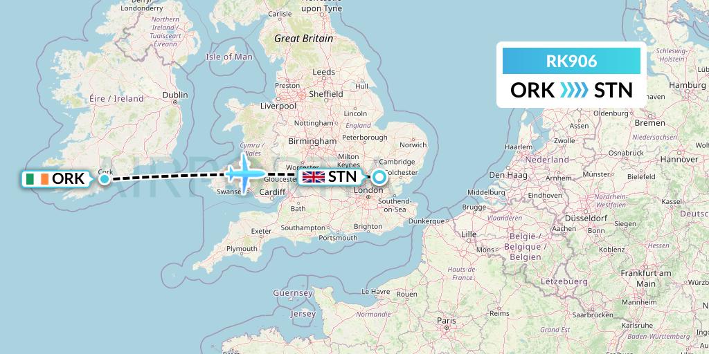 RK906 Ryanair UK Flight Map: Cork to London
