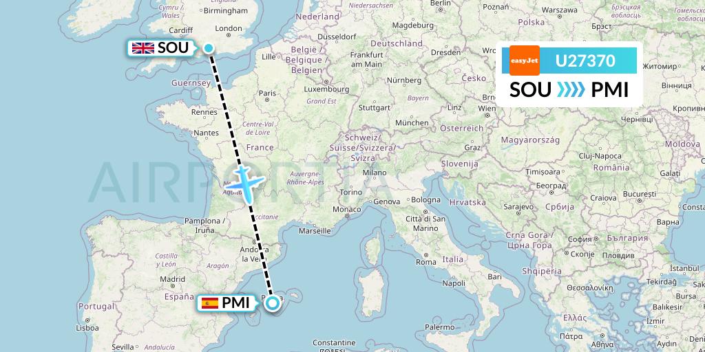 U27370 EasyJet Flight Map: Southampton to Palma de Mallorca