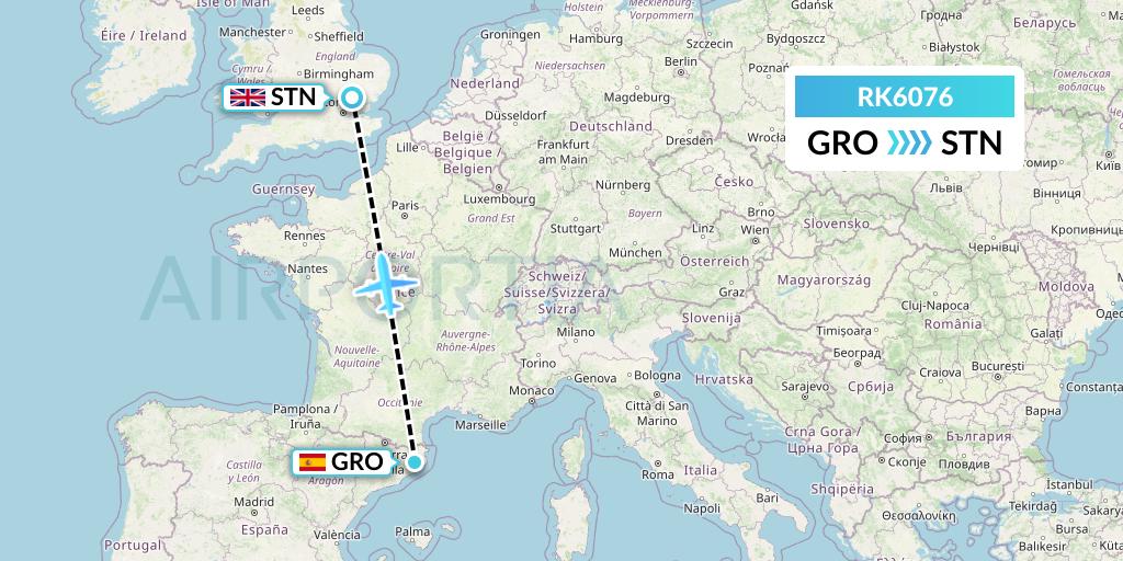RK6076 Ryanair UK Flight Map: Girona to London