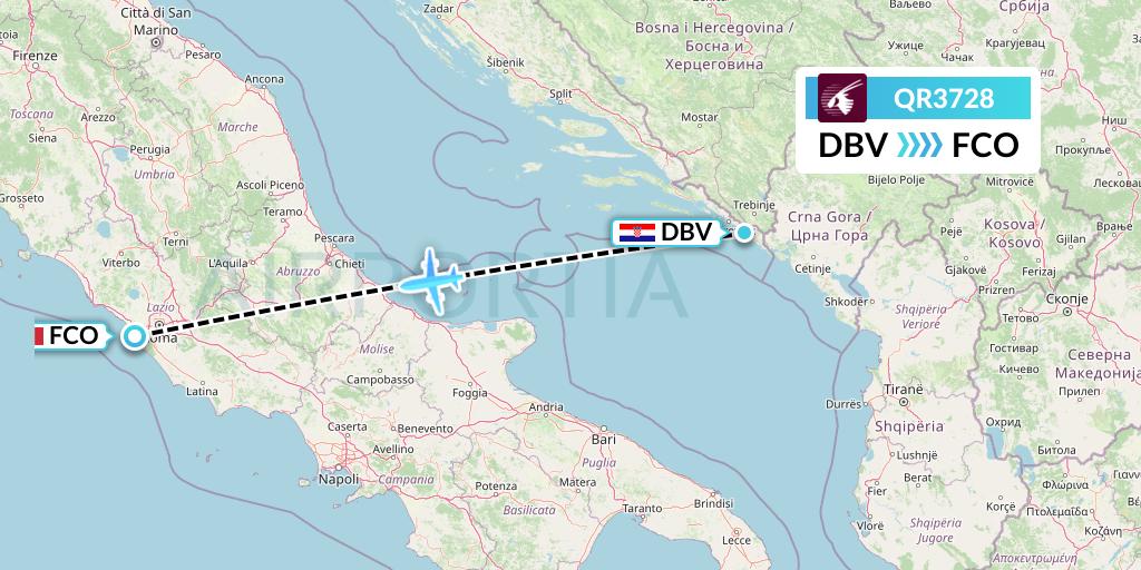 QR3728 Qatar Airways Flight Map: Dubrovnik to Rome