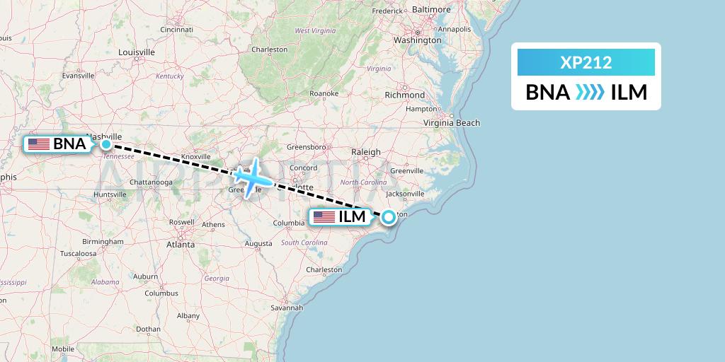 XP212 Avelo Airlines Flight Map: Nashville to Wilmington