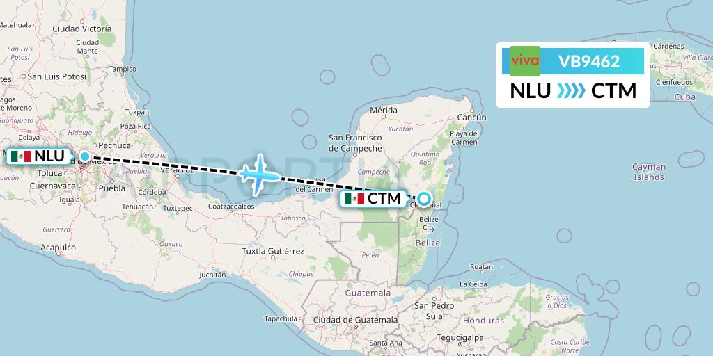 VB9462 VivaAerobus Flight Map: Reyes Acozac to Chetumal