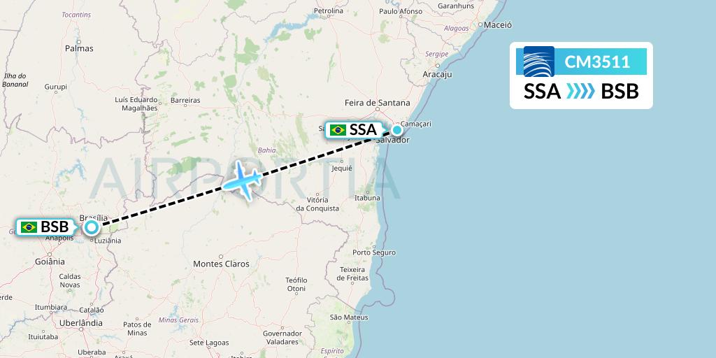 CM3511 Copa Airlines Flight Map: Salvador to Brasilia