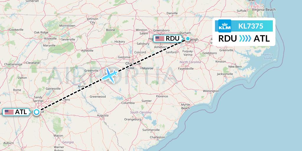 KL7375 KLM Flight Map: Raleigh-Durham to Atlanta