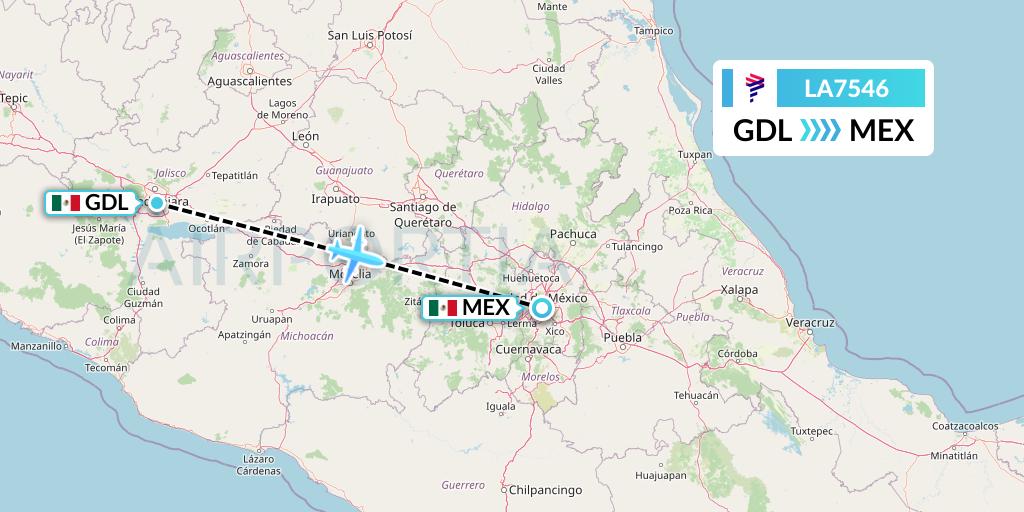 LA7546 LAN Airlines Flight Map: Guadalajara to Mexico City