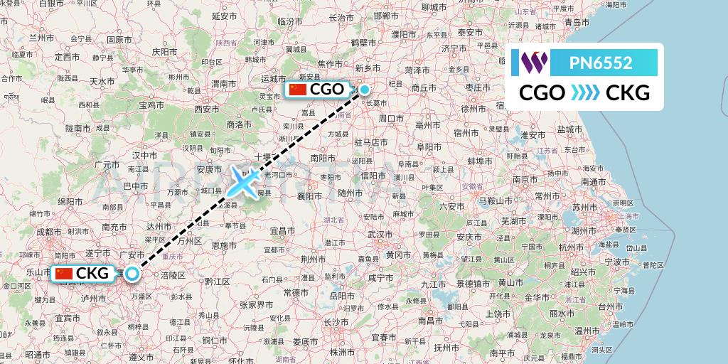 PN6552 China West Air Flight Map: Zhengzhou to Chongqing