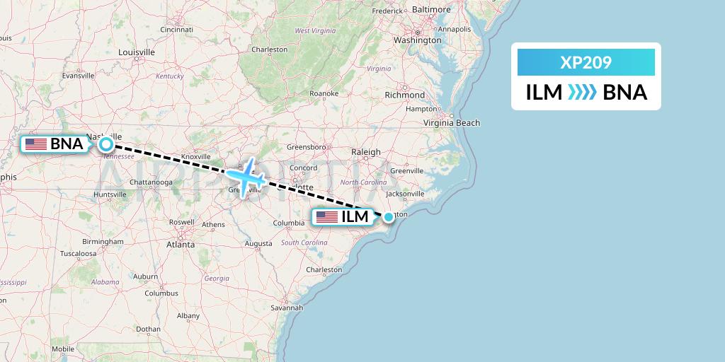 XP209 Avelo Airlines Flight Map: Wilmington to Nashville