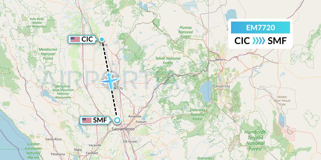 EM7720 Empire Airlines Flight Map: Chico to Sacramento