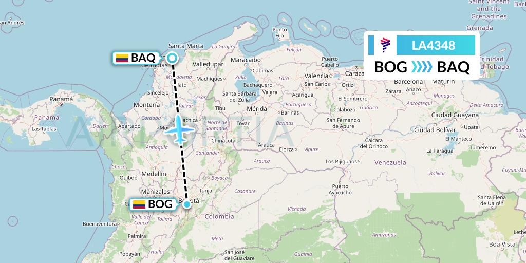 LA4348 LAN Airlines Flight Map: Bogota to Barranquilla