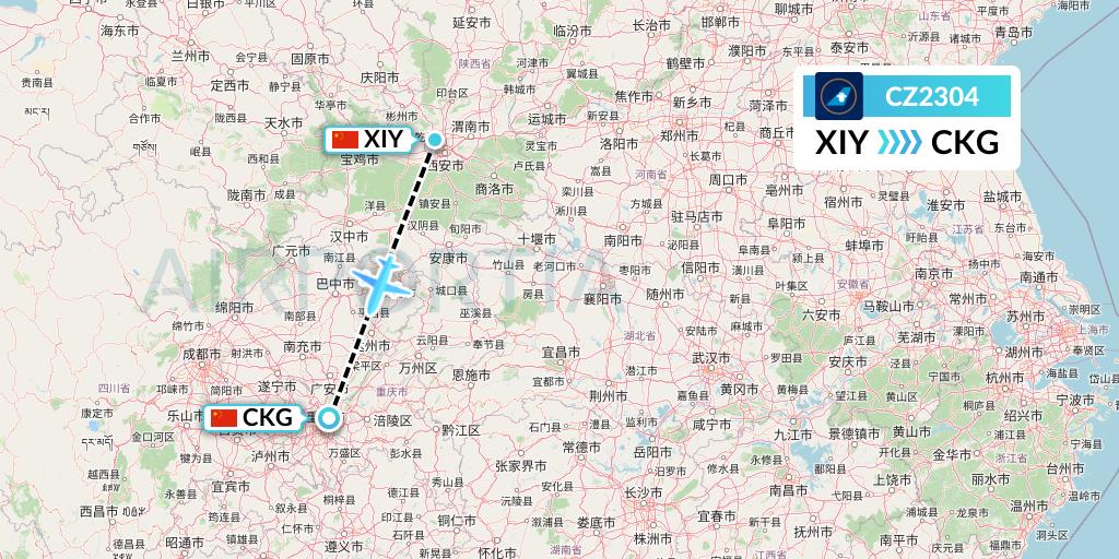 CZ2304 China Southern Airlines Flight Map: Xi'an to Chongqing