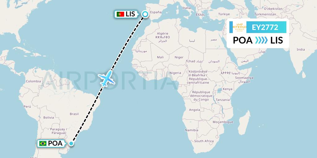 EY2772 Etihad Airways Flight Map: Porto Alegre to Lisbon