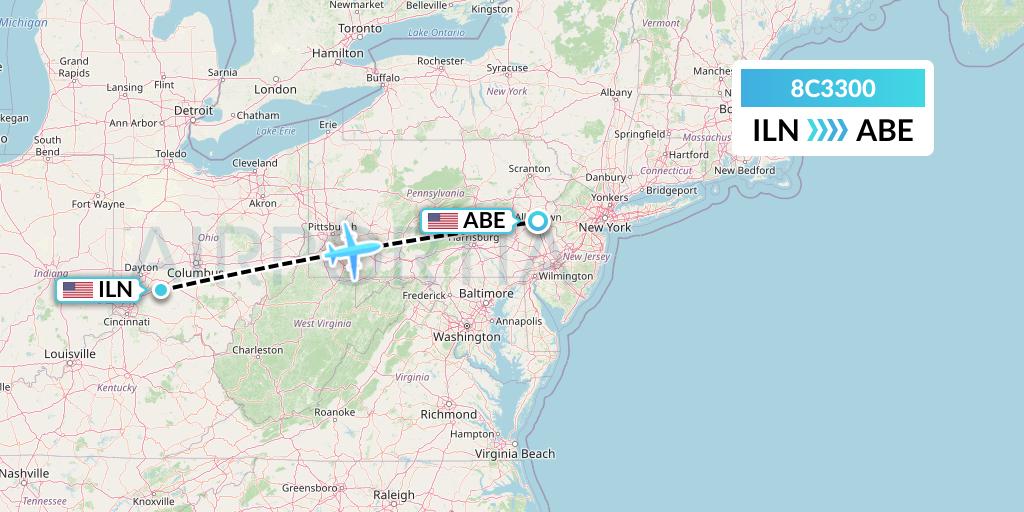 8C3300 Air Transport International Flight Map: Wilmington to Allentown