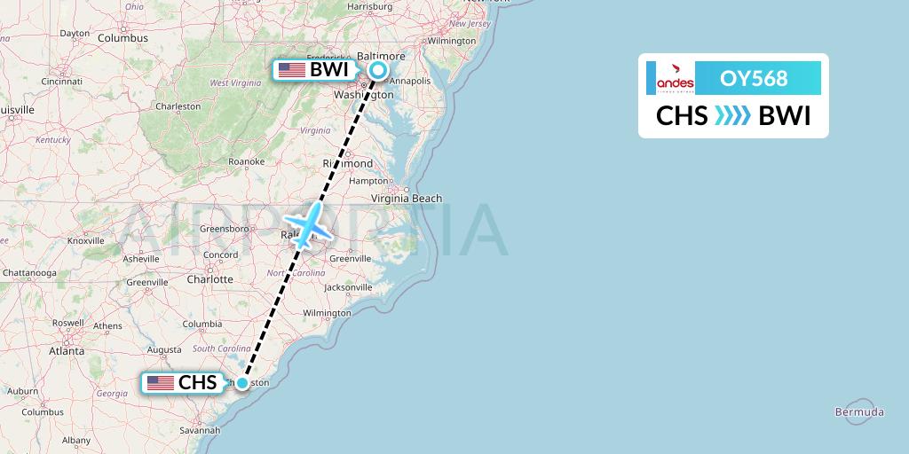 OY568 Omni Air International Flight Map: Charleston to Baltimore