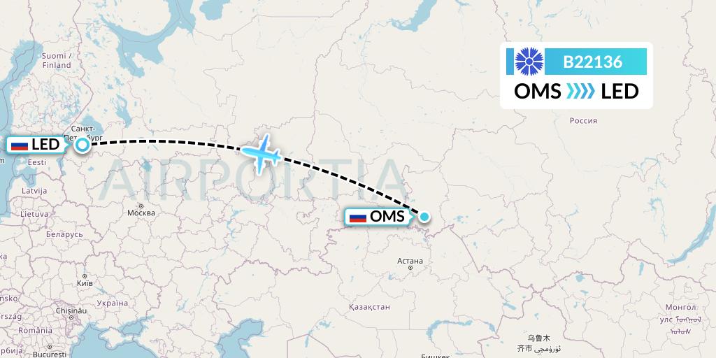 B22136 Belavia Flight Map: Omsk to St. Petersburg