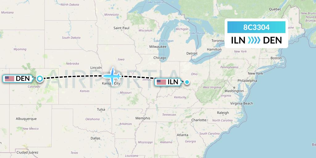 8C3304 Air Transport International Flight Map: Wilmington to Denver