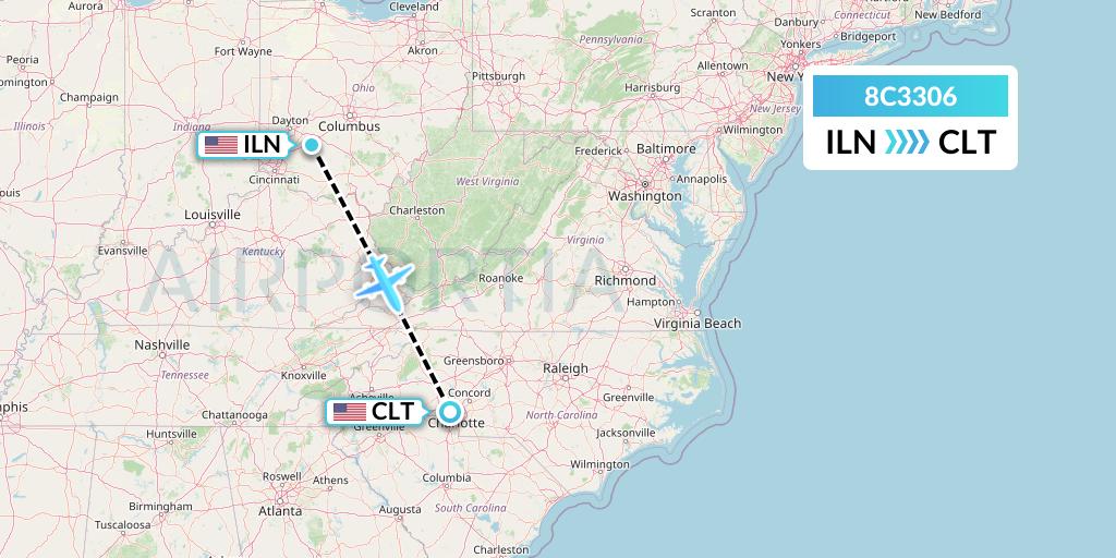 8C3306 Air Transport International Flight Map: Wilmington to Charlotte