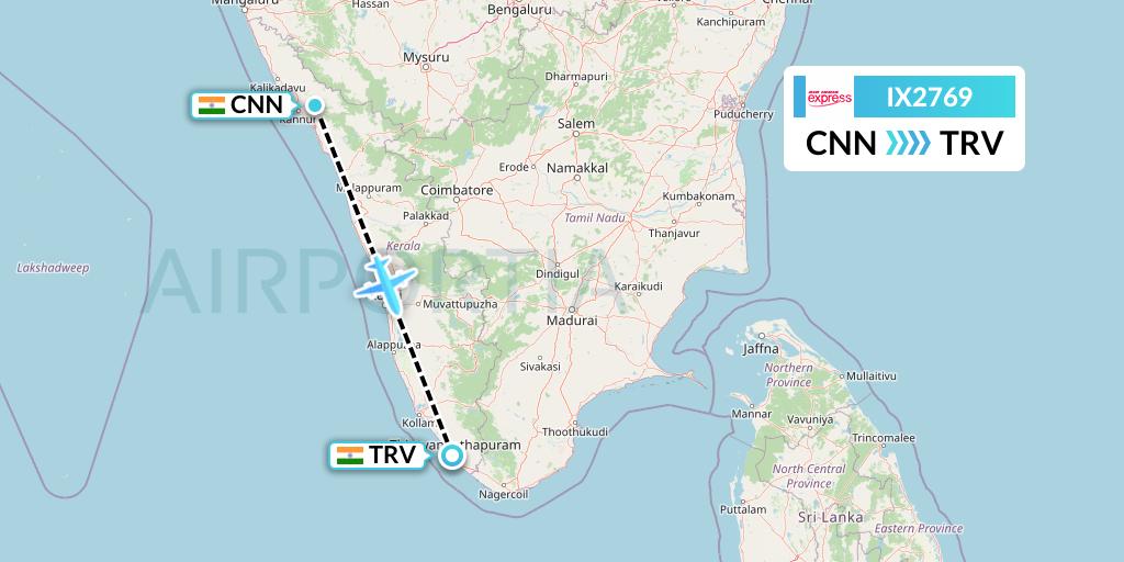 IX2769 Air India Express Flight Map: Mattannur to Thiruvananthapuram