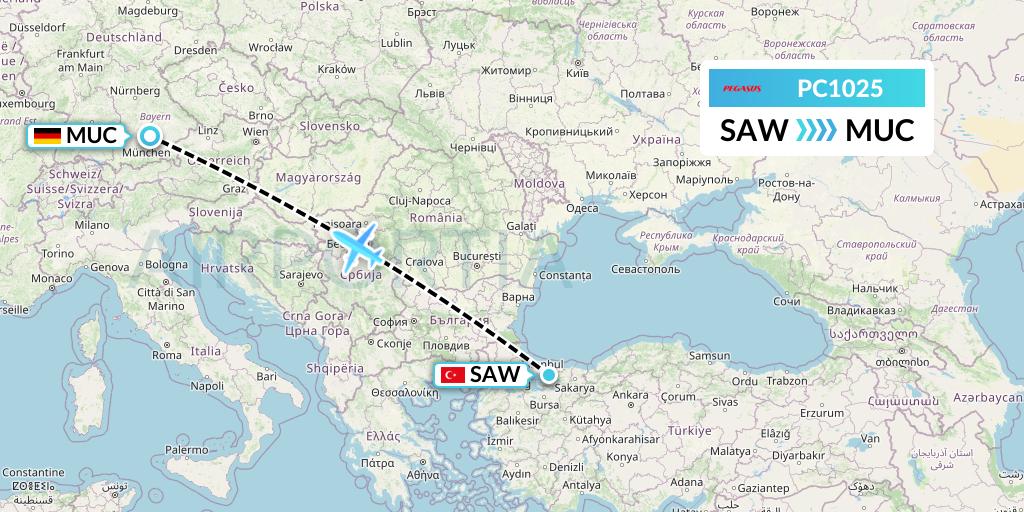 PC1025 Pegasus Airlines Flight Map: Istanbul to Munich