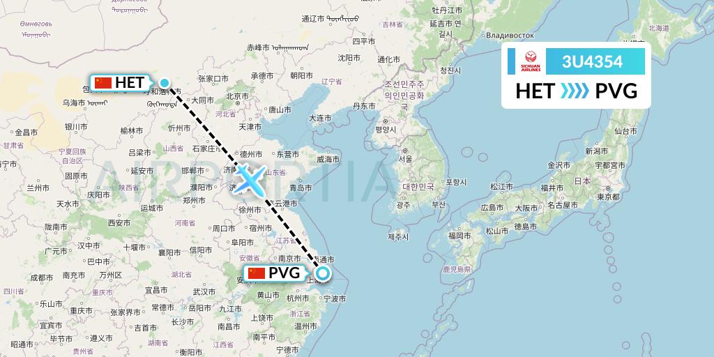 3U4354 Sichuan Airlines Flight Map: Hohhot to Shanghai