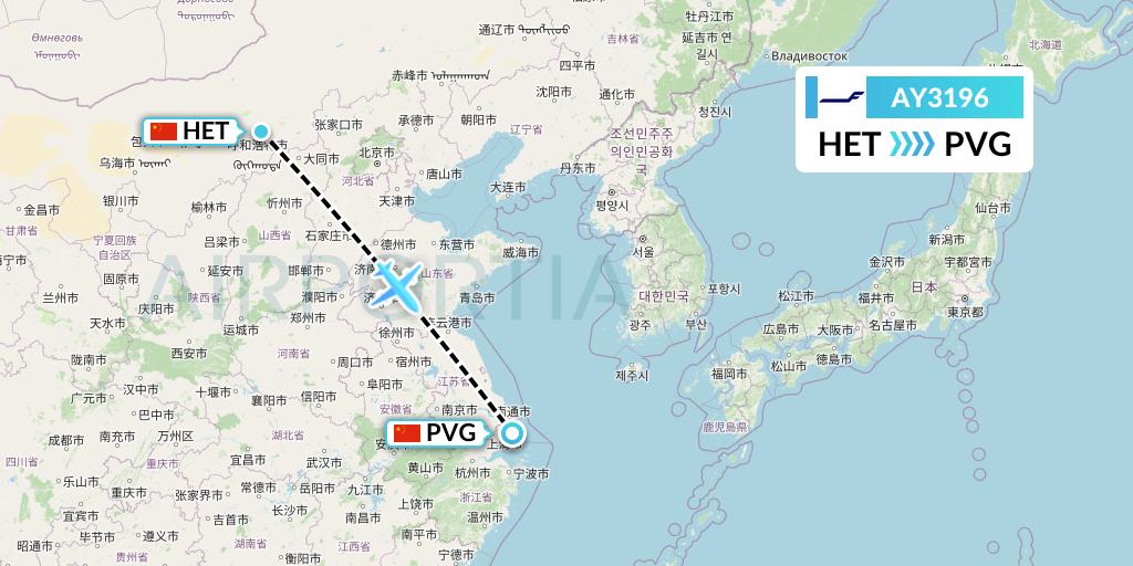 AY3196 Finnair Flight Map: Hohhot to Shanghai