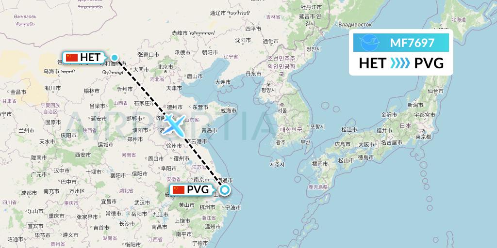 MF7697 Xiamen Airlines Flight Map: Hohhot to Shanghai