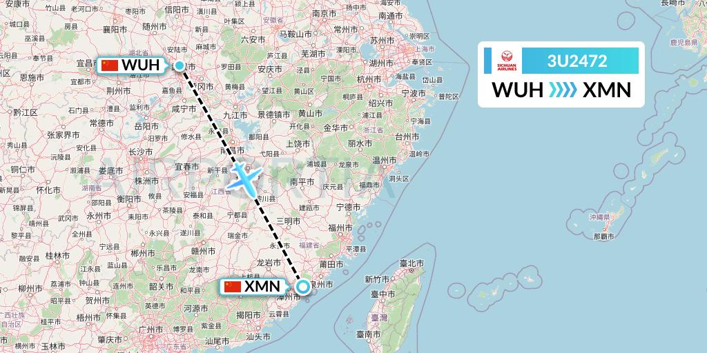 3U2472 Sichuan Airlines Flight Map: Wuhan to Xiamen