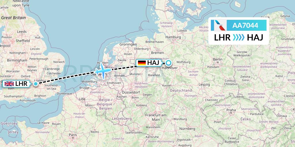 AA7044 American Airlines Flight Map: London to Hannover