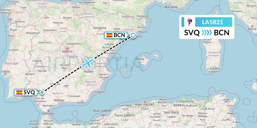 LA5821 LAN Airlines Flight Map: Seville to Barcelona